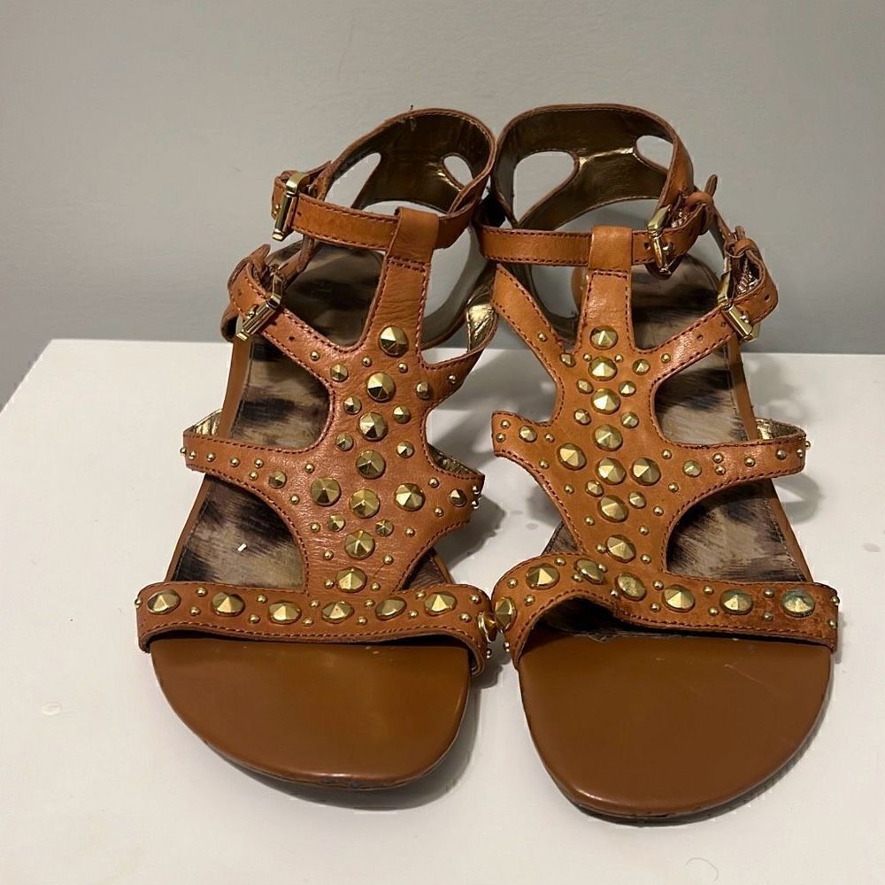 Guess Women's Brown Classic Studded Gold Gladiator Wedge Heel Sandals Size 8 M